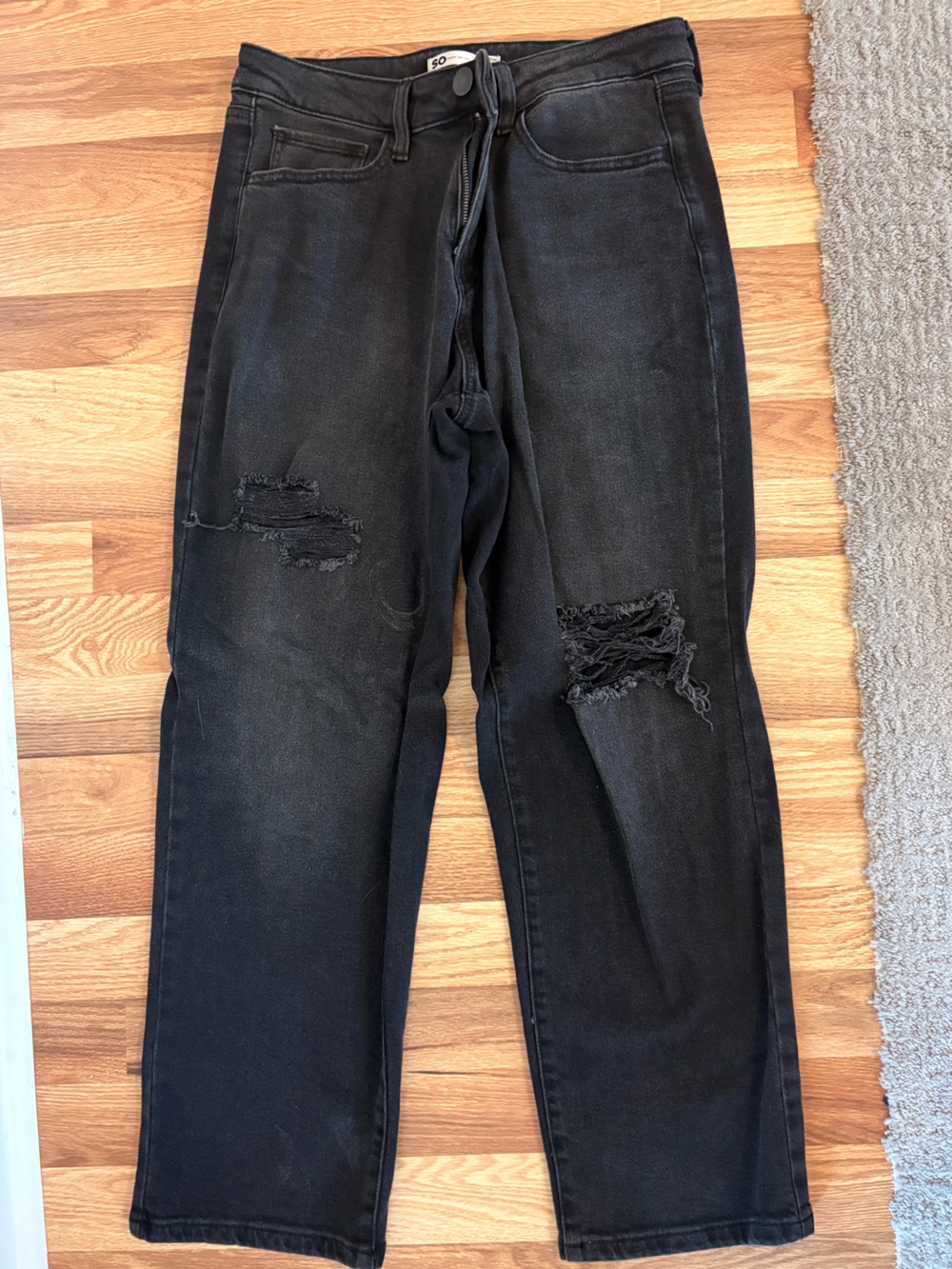 High Rise Black Distressed Straight Leg Jeans – Size 11/30W